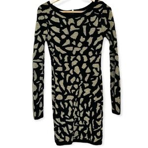 MODA INTERNATIONAL Black Gold Knit Metallic Leopard Long Sleeve Sweater Dress